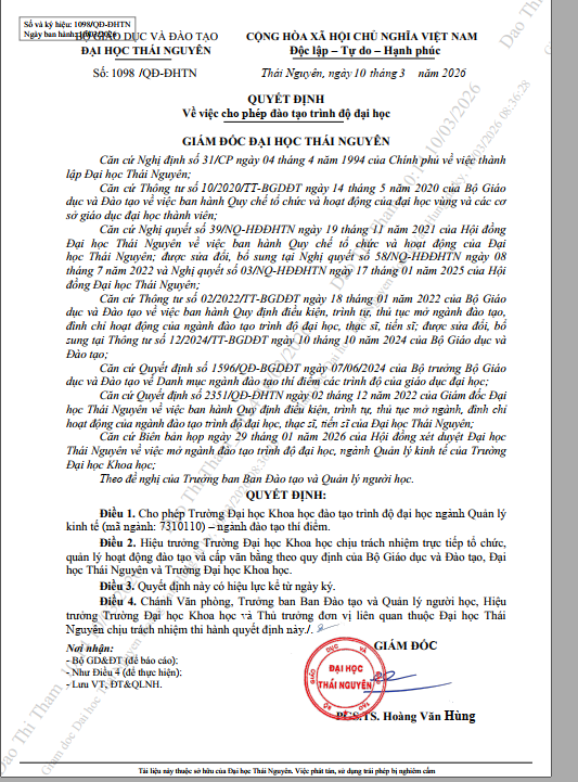Quyết định cho phép đào tạo ngành Quản lý Kinh tế tại Trường Đại học Khoa học
